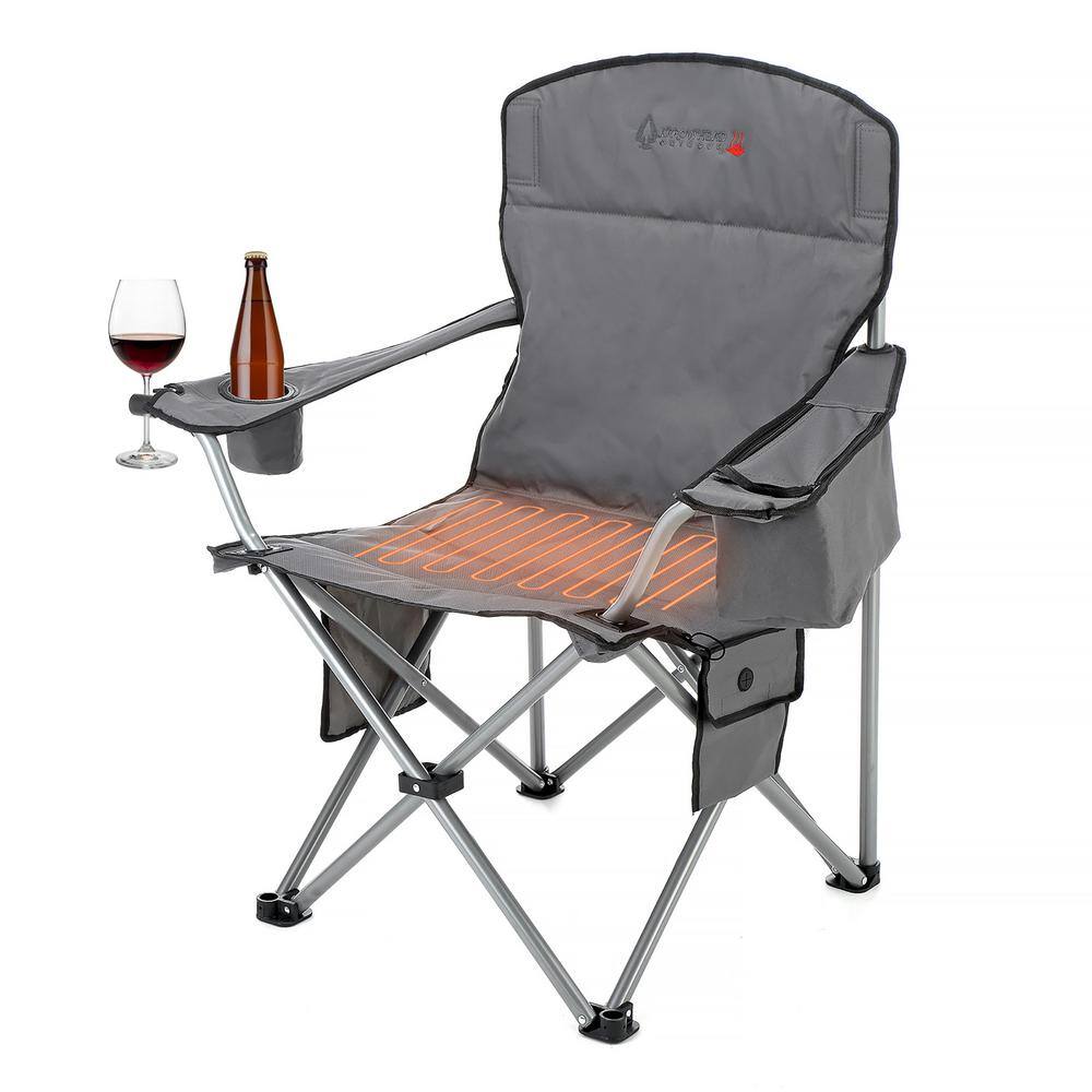 Gray Heated Folding Camping Chair with Cooler and Cup Holders