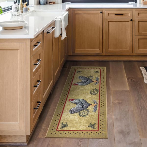 Rooster and Lemoms floorcloth in front of the refrigerator