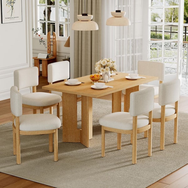 7 Piece Farmhouse Rectangular Natural Wood Wash Wood Top Dining Table Set Seats 6 with 6 Upholstered Chairs