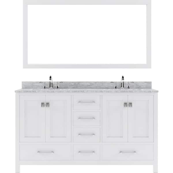 Virtu USA Caroline Avenue 60 in. W x 22 in. D x 34 in. H Double Sink Bath Vanity in White with Marble Top and Mirror