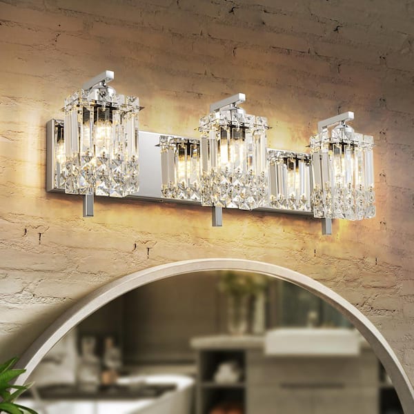 Rennnsan Charlotte 25.6 in. 3-Light Modern Chrome Bathroom Vanity-Light with Square Crystal Shades