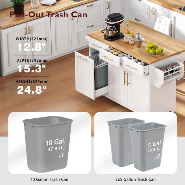 PDTEND White Rubber Wood 59.3 in. W Kitchen Island with Trash Can