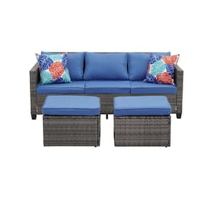 Navy Blue Wicker Outdoor Furniture Rattan Sofa Set Patio Conversation with Cushions