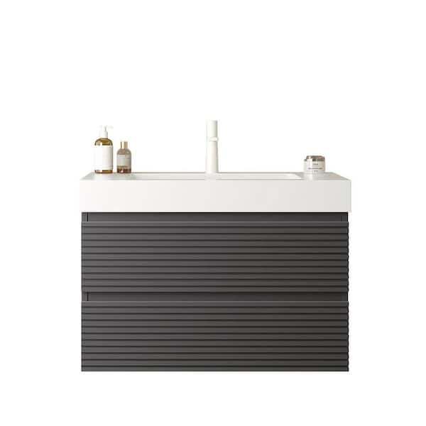 Unbranded 30in. W Wall-Mounted Plywood Bathroom Vanity in Gray with Undermount Sink, Drawers, Acrylic Rectangular White Basin Top