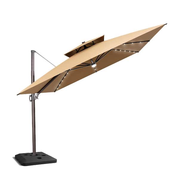 Double Top 10.5 ft. 360° Rotation Cantilever Patio Umbrella with LED Lights in Tan, 240 lbs. Modern HDPE Square Base