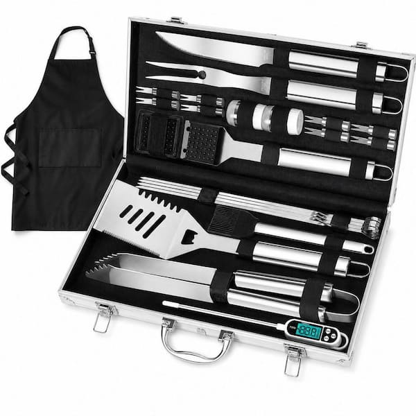 26-Piece Silver Stainless Steel BBQ Grill Accessories Tools Set, BBQ Utensils Kit with Apron, Thermometer and Mats