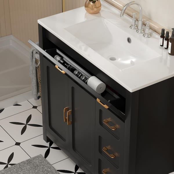 30 in. Single Sink Freestanding Black Bath Vanity with White Ceramic Top Unassembled