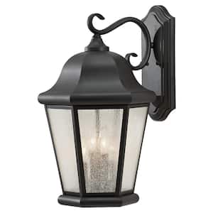 Martinsville 12 in. W 4-Light Black Outdoor 20 in. Wall Lantern Sconce with Clear Seeded Glass Panels