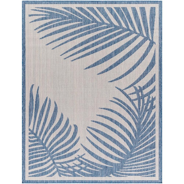 Livabliss Long Beach Light Gray/Blue Botanical 5 ft. x 7 ft. Indoor/Outdoor Area Rug
