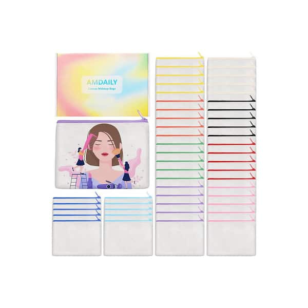 White Cotton Sublimation Blank DIY Heat Transfer Cosmetic Makeup Bags with Colorful Zipper for Travel Toiletry Pouch