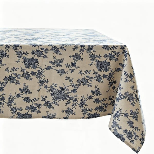 60 in. W x 84 in. L Blue Floral Polyester Tablecloth