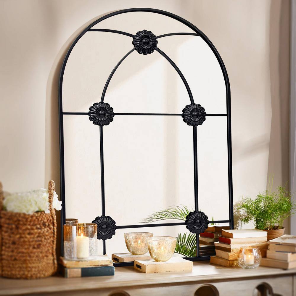 Hochwertiges 24 in. W x 36 in. H Arched Black Metal Framed Wall Mirror ...