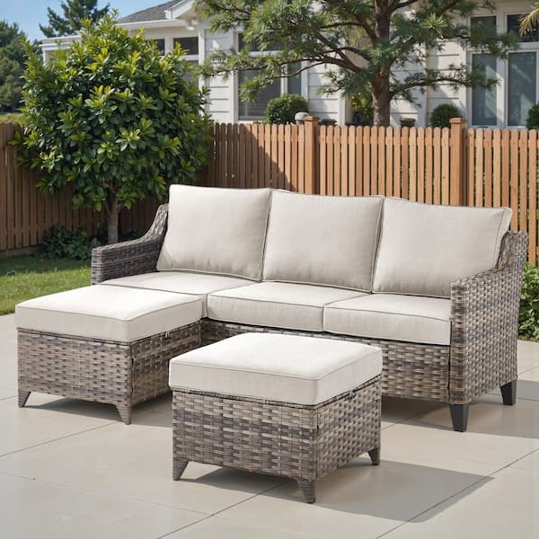 Hort 3-Piece Brown Wicker Patio Couch Outdoor Sectional Sofa Set Furniture Set with Beige Cushions and Ottomans