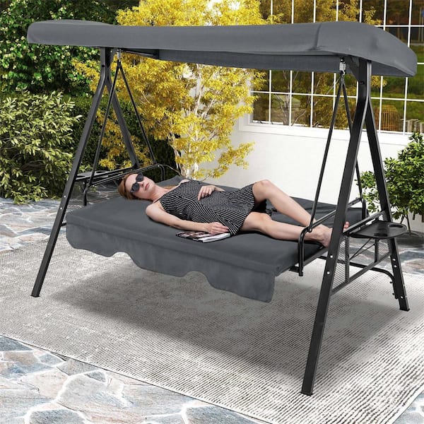 Costway 3 Person Metal Porch Swing Glider Patio Swing Soft Grey Cushion Adjustable Canopy Outdoor Garden HCST03228 The Home Depot