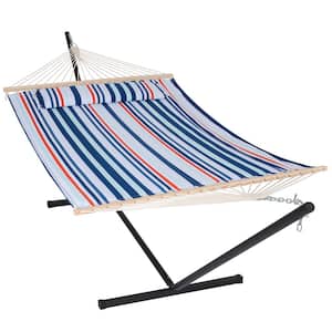 12 ft. Free Standing, 475 lbs. Capacity, Heavy-Duty 2-Person Hammock with Stand and Detachable Pillow in Green and Blue