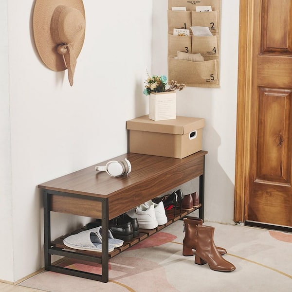 Walnut Upholstered Shoe Storage Cabinet with Door & Shelf Entryway