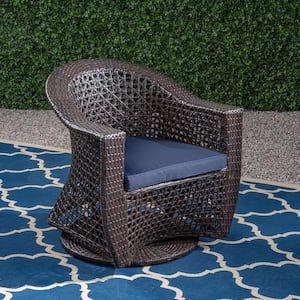 Big Sur Multi-Brown Swivel Faux Rattan Outdoor Patio Lounge Chair with Navy Blue Cushion