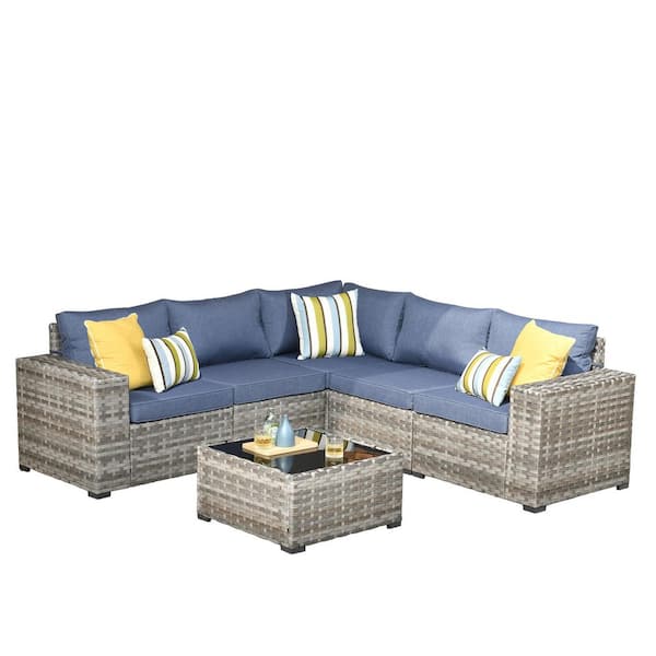 Baldwin Gray 6-Piece Wicker Wide Arm Outdoor Patio Conversation Sofa Sectional Seating Set with Denim Blue Cushions