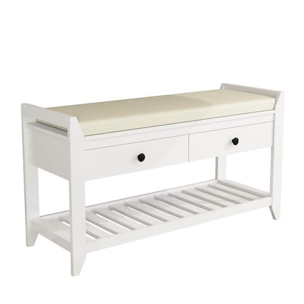 White Bench With Cushioned Seat And Drawers 19 8 In H X 39 In W X 14   White Dining Benches Lc 952784 64 600 