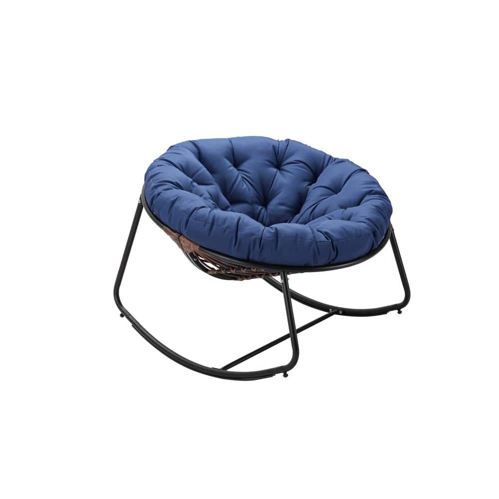 1-Piece Metal Dark Gray Round Rattan Rope Club Outdoor Rocking Chair with N