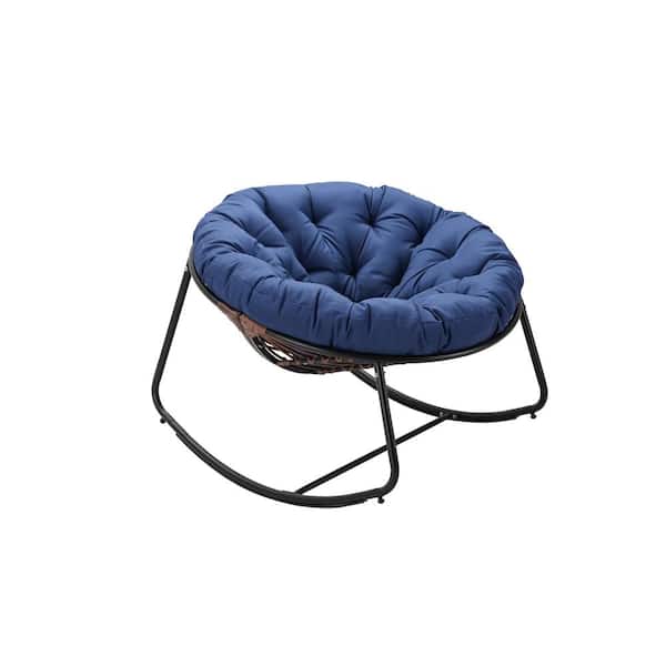 Unbranded 1-Piece Metal Dark Gray Round Rattan Rope Club Outdoor Rocking Chair with Navy Blue Cushion