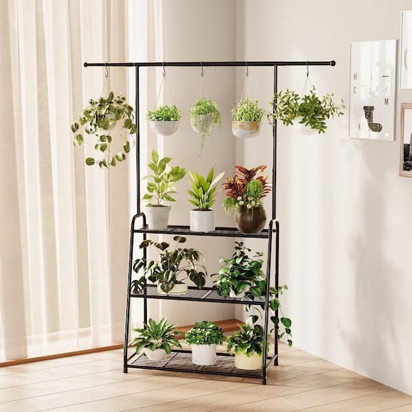 3-Tier Black Metal Plant Stand, Hanging Plant Shelf for Multiple Flower  Planter Holder (27.17 in. H W x 57.88 in. H) RT1148 - The Home Depot