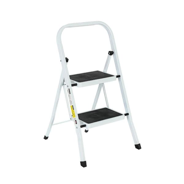 2.5 ft. Reach Hight 2-Step Iron Ladder Foldable Non-Slip Ladder Loading 330 lbs. for Home, Kitchen, Office, White