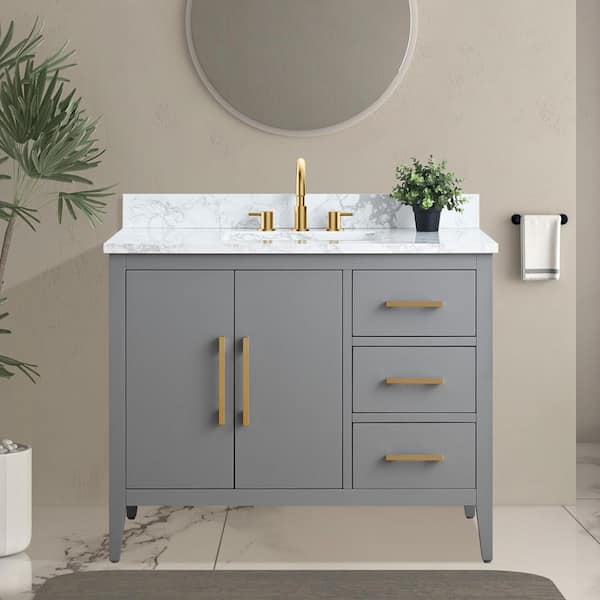 42 in. W x 22 in. D x 34 in. H Single Sink Bathroom Vanity Cabinet in Cashmere Gray with Engineered Marble Top
