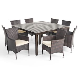 Bragdon Gloss Black 9-Piece Metal and Faux Rattan Square Table Patio Outdoor Dining Set with Beige Cushion