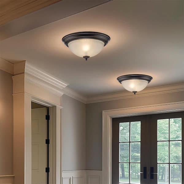 12.75 in 2-Light Oil Rubbed Bronze Flush Mount Ceiling Light Fixture with Tea Stained Glass Shade (2-Pack)