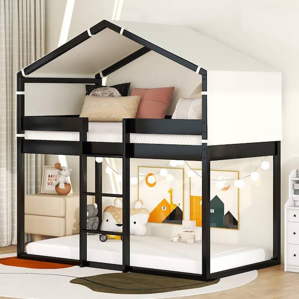 Harper & Bright Designs Espresso Twin over Twin Wood House Bunk Bed with Removeable Tent