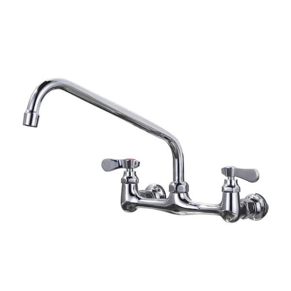 Commercial Double Handle Wall Mounted Standard Kitchen Faucet with 12 in . Swivel Spout in Polished Chrome