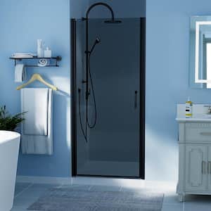 34-35 in. W x 72 in. H Pivot Frameless Swing Corner Shower Panel with Shower Door in Black with Smoke Gray Glass