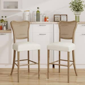 30 in. Dark Brown and Beige Cane Back Rubberwood Barstool, Set of 2