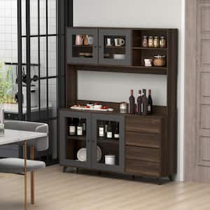 Brown Large Kitchen Pantry Cabinet Buffet with 4-Drawers Hooks Open Shelves and Glass Doors