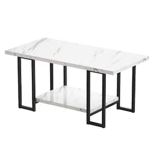 Black 2-Tier Rectangle Coffee Table Base and White Faux Marble Table top for Living Room, Double Metal Leg Design