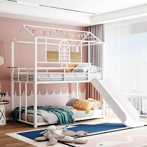 White Twin Over Twin Metal House Style Bunk Bed with Slide