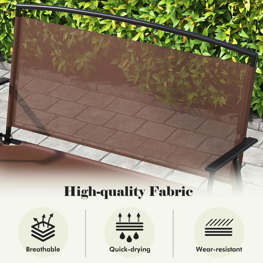 Brown Metal Foldable 2-Person Outdoor Garden Bench with Backrest and Armrests