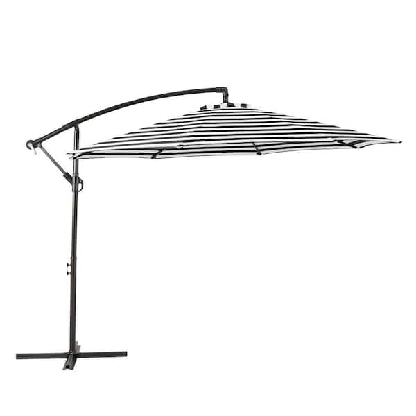 Bayshore Outdoor 10 ft. Hanging Offset Cantilever Patio Umbrella with Easy Crank Lift and Cross Base, Black/White Stripe