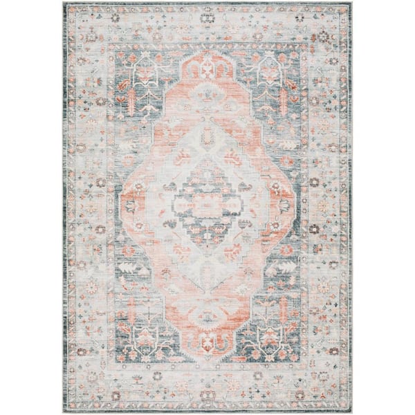 Livabliss Shimon Gray/Peach Medallion 4 ft. x 6 ft. Machine-Washable Indoor Area Rug