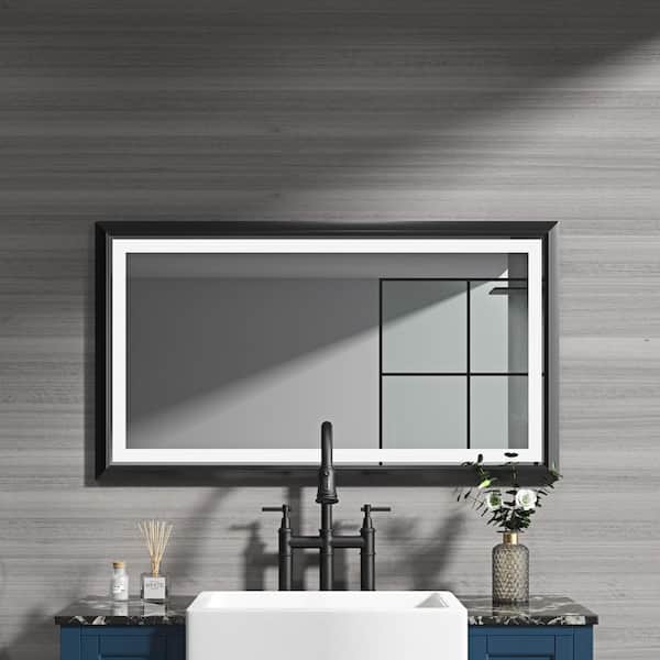 FUNKOL 40 in. W x 24 in. H Large Rectangular Metal Framed Dimmable Wall Bathroom Vanity Mirror in Black