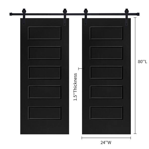 Double Modern 5-Panel 24 in. x 80 in. MDF Black Barn Sliding Door With Hardware kit