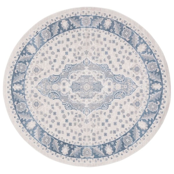 Blair Beige/Gray Blue 7 ft. x 7 ft. Machine Washable Medallion Ornate Round Area Rug
