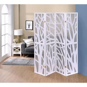 68 in. Wide White 4-Panel Tree Branch Design Jute Inlay Room Divider