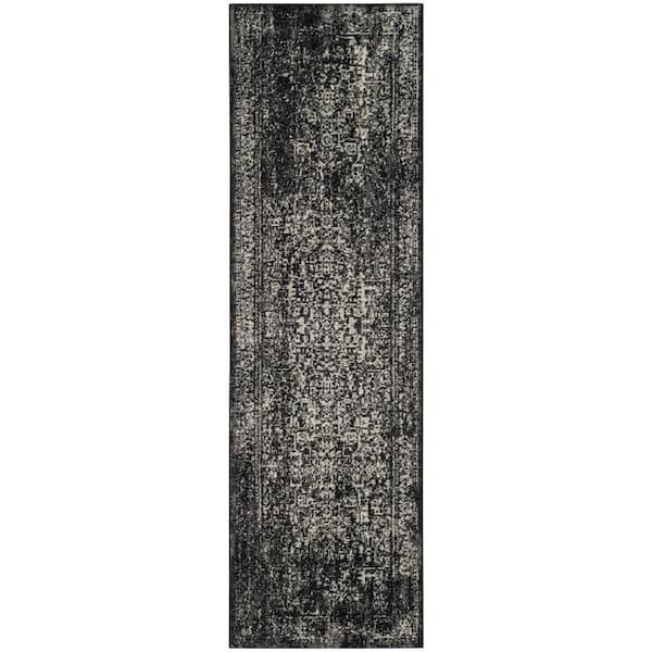 Evoke 2 ft. x 19 ft. Black/Gray Distressed Border Medallion Runner Rug