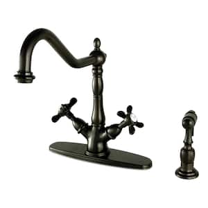 Victorian French Cross 2-Handle Standard Kitchen Faucet with Side Sprayer in Oil Rubbed Bronze