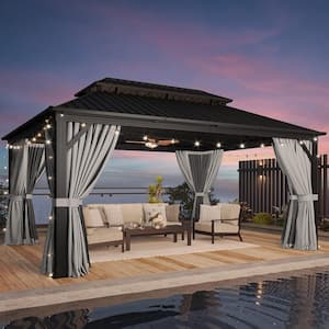 16 ft. x 12 ft. Double Galvanized Steel Roof Patio Hardtop Gazebo with Aluminum Frame, Ceiling Hook,Curtains and Netting