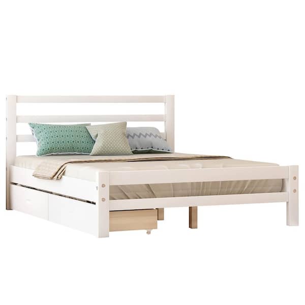Polibi White Modern Full Size Solid Wood platform bed with 2-drawers (75.7 in. L x 54.5 in. W x 33.2 in. H)