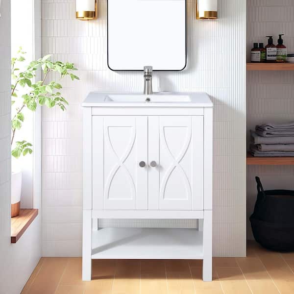 Comllen 24 in. W x 16 in. D x 34 in. H Single Bathroom Vanity in White With White Ceramic Top