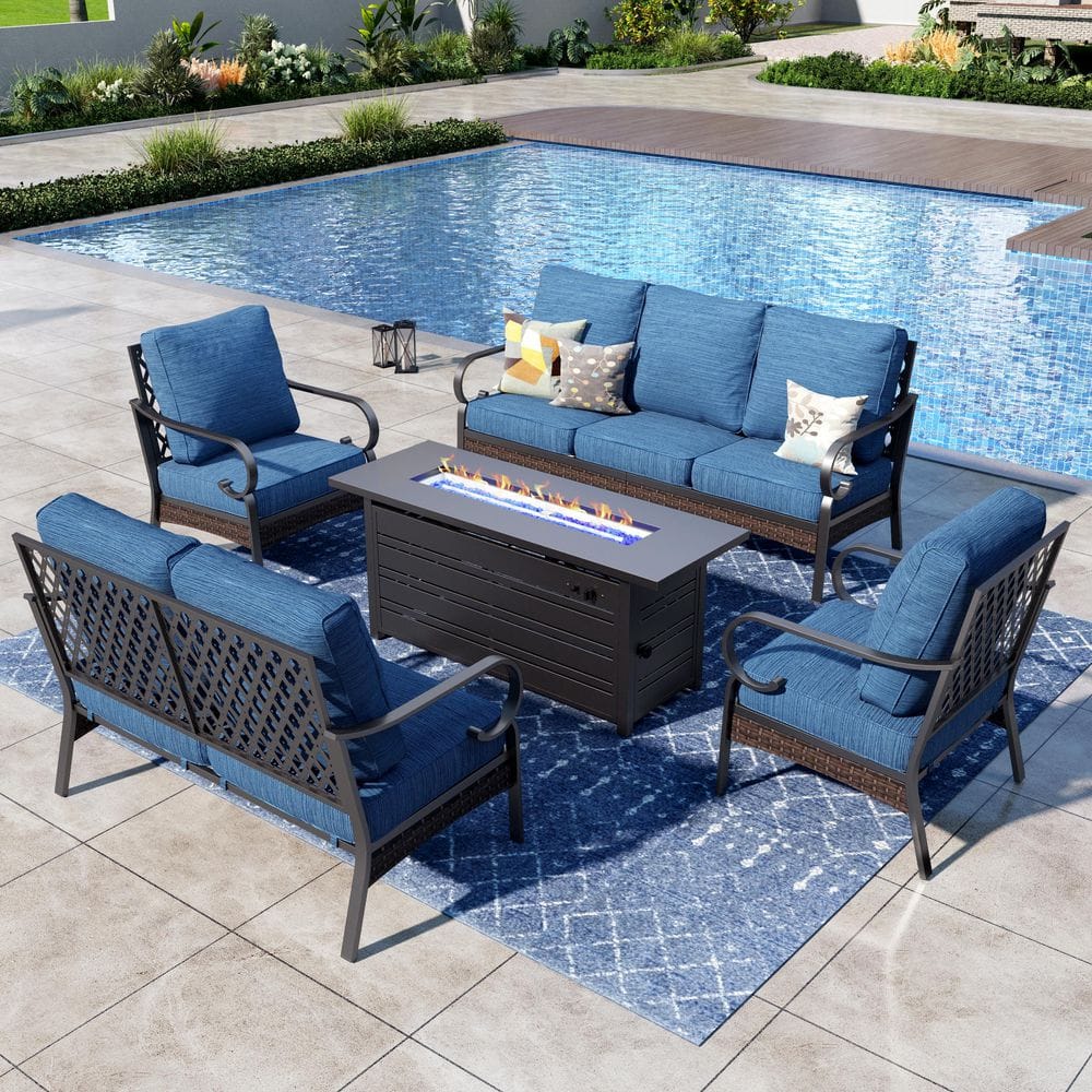 5-Piece Black Metal 7-Seats Fire Pit Patio Sets with Fixed Chairs, 50000 BTU Fire Pit Table and Pacific Blue Cushions price history on PriceWatchPro